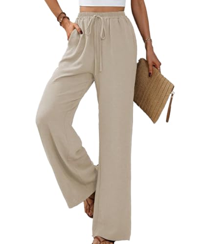 Yeenily Damen Hosen Weites Bein Sommer Leichte Palazzo Hose Herbst Freizeit Locker Stoffhose Elegant Einfarbig Lang Sommerhose mit Taschen (Beige, S) von Yeenily