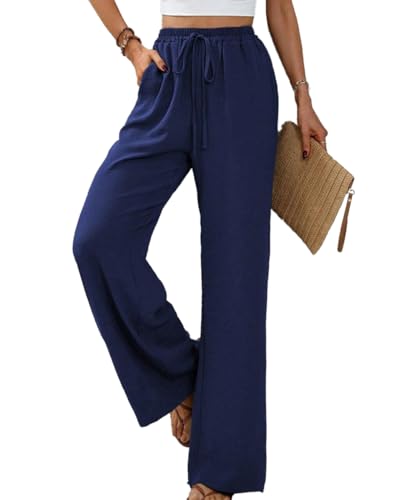 Yeenily Damen Hosen Weites Bein Sommer Leichte Palazzo Hose Herbst Freizeit Locker Stoffhose Elegant Einfarbig Lang Sommerhose mit Taschen (Blau, M) von Yeenily