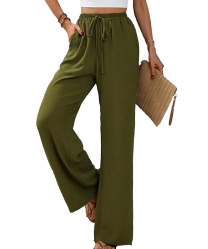 Yeenily Damen Hosen Weites Bein Sommer Leichte Palazzo Hose Herbst Freizeit Locker Stoffhose Elegant Einfarbig Lang Sommerhose mit Taschen (Grün, S) von Yeenily