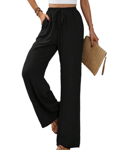 Yeenily Damen Hosen Weites Bein Sommer Leichte Palazzo Hose Herbst Freizeit Locker Stoffhose Elegant Einfarbig Lang Sommerhose mit Taschen (Schwarz, XL) von Yeenily