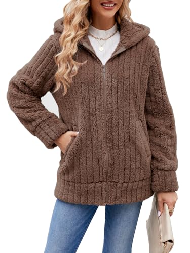 Yeenily Damen Kapuzenpullover mit Reißverschluss Langarm Herbst und Winter Warme Kapuzenjacke Mantel Fashion Top Zip Hoodie(Khaki,XL) von Yeenily