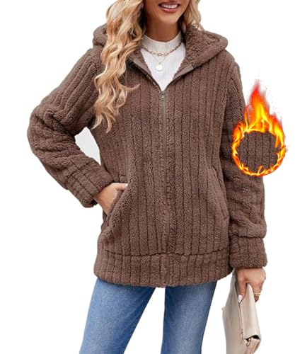 Yeenily Damen Kapuzenpullover mit Reißverschluss Langarm Herbst und Winter Warme Kapuzenjacke Mantel Fashion Top Zip Hoodie(Khaki,XXL) von Yeenily