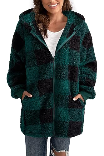 Yeenily Damen Mantel Kapuzenjacke Teddy Fleece Kariert Winterjacke Flauschig Plüschjacke Herbst Kapuzenpullover Reißverschluss Oberteile mit Taschen(Dunkelgrün,M) von Yeenily