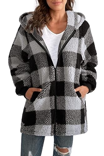 Yeenily Damen Mantel Kapuzenjacke Teddy Fleece Kariert Winterjacke Flauschig Plüschjacke Herbst Kapuzenpullover Reißverschluss Oberteile mit Taschen(Schwarz-grau,L) von Yeenily