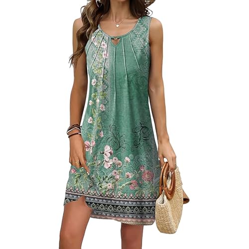 Yeenily Damen Kleid Sommer Elegante V Ausschnitt Leicht Und Luftig Ärmellos Tank Top Bedruckter Boho Knielang Freizeitkleider (Grün, Large) von Yeenily
