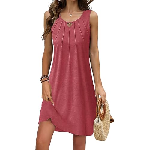 Yeenily Damen Kleid Sommer Elegante V Ausschnitt Leicht Und Luftig Ärmellos Tank Top Bedruckter Boho Knielang Freizeitkleider (Rot,Small) von Yeenily