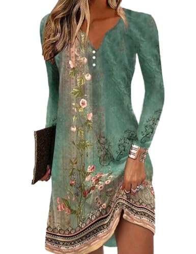 Yeenily Damen Bohemian Langarm Kleid V-Ausschnitt Blumenmuster Tunikakleider A Linien Lose Lässiges MiniKleid Freizeitkleid(Grün,3XL) von Yeenily