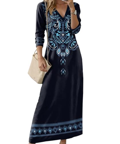 Yeenily Damen Maxikleid V Ausschnitt Freizeitkleider Lange Ärmel Boho Kleid Leicht und Luftig Tunika Kleider Elegant Herbst Blusenkleid (Blau, M) von Yeenily