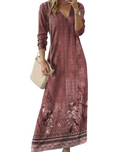 Yeenily Damen Maxikleid V Ausschnitt Freizeitkleider Lange Ärmel Boho Kleid Leicht und Luftig Tunika Kleider Elegant Herbst Blusenkleid (Rot, L) von Yeenily