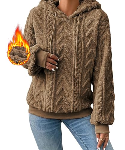 Yeenily Damen Pullover Hoodie Langarm Sweatjacke mit Kapuze Mode Flauschig Sweatshirt Freizeit Kapuzenjacke Fleece Kapuzenpullover Herbst Winter Oversize Pulli Oberteile (Khaki, XL) von Yeenily