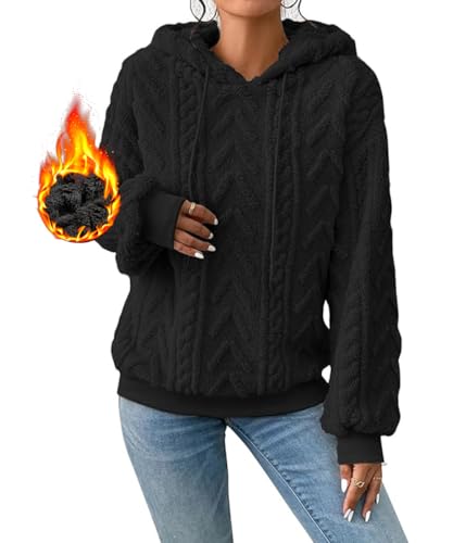 Yeenily Damen Pullover Hoodie Langarm Sweatjacke mit Kapuze Mode Flauschig Sweatshirt Freizeit Kapuzenjacke Fleece Kapuzenpullover Herbst Winter Oversize Pulli Oberteile (Schwarz, XXL) von Yeenily