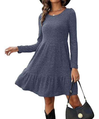 Yeenily Damen Pullover Kleider Rundhals Strickkleid Langarm Herbst Freizeitkleid Elegant Sweater Minikleid Winter Tunika Kleid (Dunkelblau, L) von Yeenily