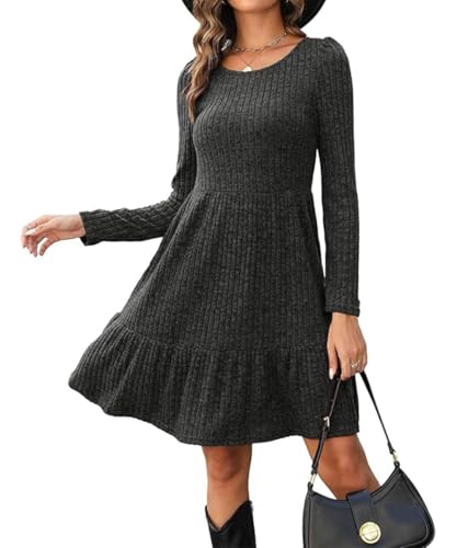 Yeenily Damen Pullover Kleider Rundhals Strickkleid Langarm Herbst Freizeitkleid Elegant Sweater Minikleid Winter Tunika Kleid (Dunkelgrau, M) von Yeenily
