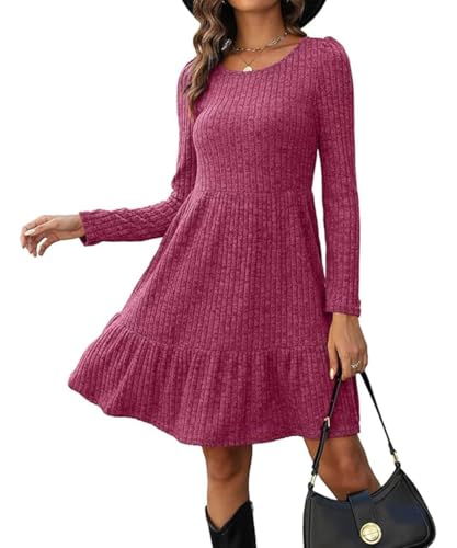 Yeenily Damen Pullover Kleider Rundhals Strickkleid Langarm Herbst Freizeitkleid Elegant Sweater Minikleid Winter Tunika Kleid (Rosenrot, XL) von Yeenily
