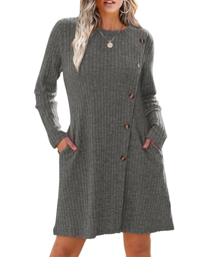 Yeenily Damen Pulloverkleid Rundhals Strickkleid Lässiges A-Linie Winterkleid Langarm Casual Herbstkleid Elegant Sweater Minikleid (Grau, XL) von Yeenily