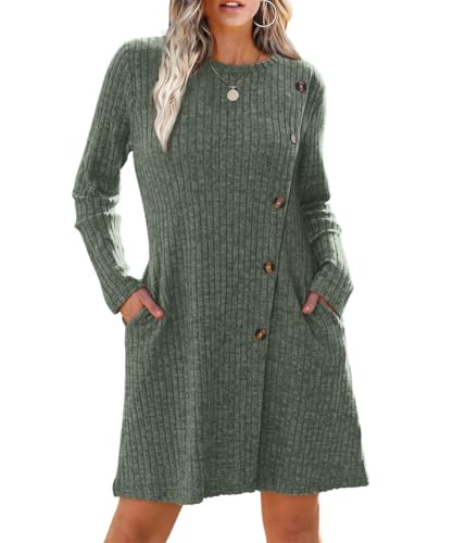 Yeenily Damen Pulloverkleid Rundhals Strickkleid Lässiges A-Linie Winterkleid Langarm Casual Herbstkleid Elegant Sweater Minikleid (Grün, L) von Yeenily