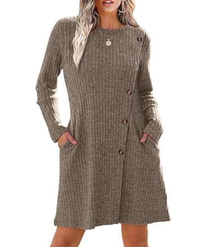 Yeenily Damen Pulloverkleid Rundhals Strickkleid Lässiges A-Linie Winterkleid Langarm Casual Herbstkleid Elegant Sweater Minikleid (Khaki, L) von Yeenily
