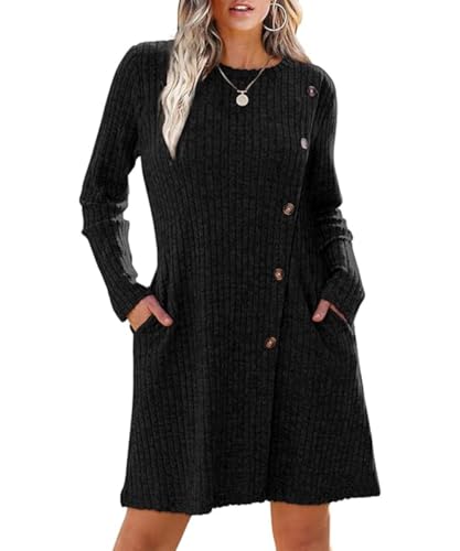 Yeenily Damen Pulloverkleid Rundhals Strickkleid Lässiges A-Linie Winterkleid Langarm Casual Herbstkleid Elegant Sweater Minikleid (Schwarz, M) von Yeenily