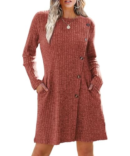 Yeenily Damen Pulloverkleid Rundhals Strickkleid Lässiges A-Linie Winterkleid Langarm Casual Herbstkleid Elegant Sweater Minikleid (Ziegelrot, M) von Yeenily