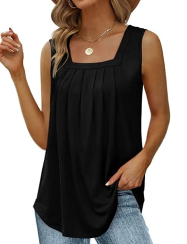 Yeenily Damen Sommer Ärmellose Tank Tops Cami Quadratischer Hals Plissierte Lockere Oberteile Tunika Elegante Basic Casual Bluse(B-Schwarz,S) von Yeenily