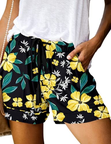 Yeenily Damen Sommer Shorts Bedruckt Kordelzug Hotpants Elastische Taille Lässig Bequem Kurze Hosen Strand Shorts(Gelb,XXL) von Yeenily
