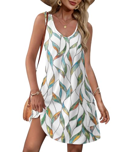 Yeenily Damen Sommerkleid V-Ausschnitt Freizeitkleider Ärmellos Lässig Trägerkleid Sommer Mini Tank Kleider Elegant Kurz Strandkleider mit Taschen (Farbe 1, M) von Yeenily