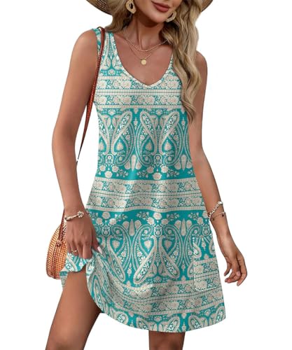 Yeenily Damen Sommerkleid V-Ausschnitt Freizeitkleider Ärmellos Lässig Trägerkleid Sommer Mini Tank Kleider Elegant Kurz Strandkleider mit Taschen (Farbe 3, M) von Yeenily