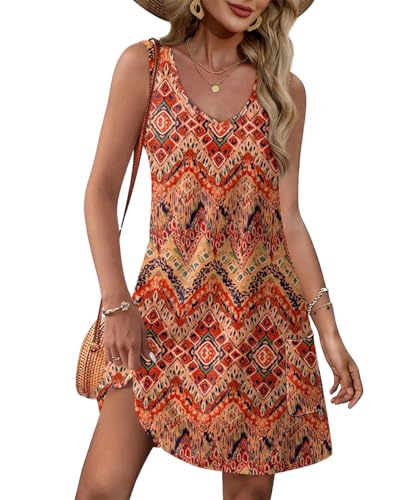 Yeenily Damen Sommerkleid V-Ausschnitt Freizeitkleider Ärmellos Lässig Trägerkleid Sommer Mini Tank Kleider Elegant Kurz Strandkleider mit Taschen (Farbe 6, XXL) von Yeenily