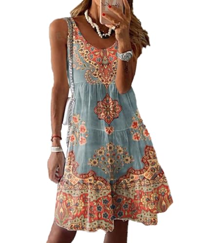 Yeenily Damen Sommerkleider Ärmellos Leichte Lässige Freizeitkleid Elegant Knielang Blumenkleid Sommer Mini Strandkleider (Gelb Grün, XXL) von Yeenily