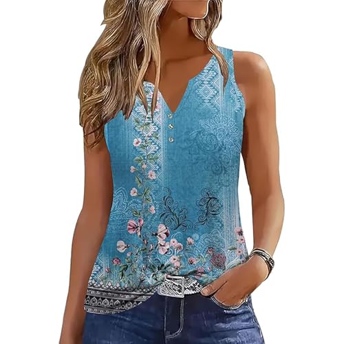 Yeenily Damen Tank Top Ärmellose V-Ausschnitt Sommer Tank Tops Front Knopf Lose Tunika Shirt Weste Bluse (Bleue, XXL) von Yeenily