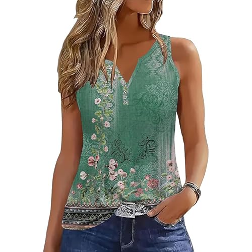 Yeenily Damen Tank Top Ärmellose V-Ausschnitt Sommer Tank Tops Front Knopf Lose Tunika Shirt Weste Bluse (Grün, XL) von Yeenily