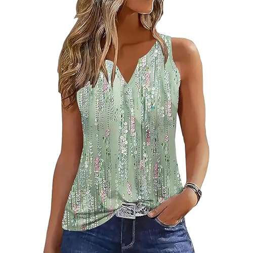 Yeenily Damen Tank Top Ärmellose V-Ausschnitt Sommer Tank Tops Front Knopf Lose Tunika Shirt Weste Bluse (Hellgrün, M) von Yeenily