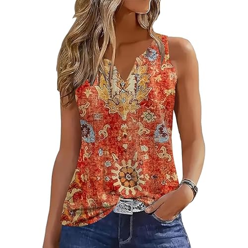 Yeenily Damen Tank Top Ärmellose V-Ausschnitt Sommer Tank Tops Front Knopf Lose Tunika Shirt Weste Bluse (Orange, M) von Yeenily