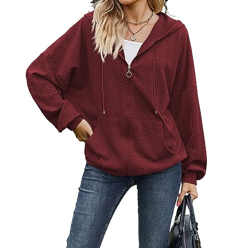 Yeenily Damen Zipper Kapuzenpullover Sweatjacke Oversize Full Zip Casual Hoodie Sweatshirt Kapuzenjacke mit Taschen und Reißverschluss Herbst und Winter(Burgunderrot,M) von Yeenily