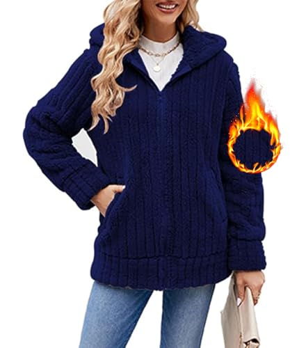 Yeenily Fleecejacke Damen Mantel Kapuzenjacke Teddy-Fleece Flauschig Plüschjacke Hoodie Warm Jacke Oversize Reißverschluss Kapuzenpullover Herbst Winter Oberteile mit Taschen(Dunkel Blau,S) von Yeenily