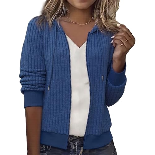 Yeenily Hoodie Damen Sweatshirt Sweatjacke Damen Zip Up Langarm Kapuzenpullover Mit Kapuze Pullover Casual DüNne Jacke (Blau, XXL) von Yeenily