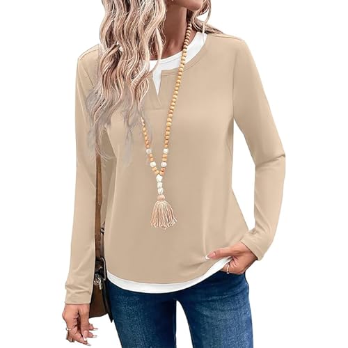 Yeenily Pullover Damen Langarmshirt V Ausschnitt Kontrastfarbe Tunika Regular Fit Casual Basic Tops LangäRmlig Oberteile (Apriksfarbe, XL) von Yeenily