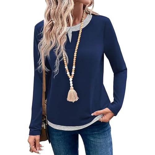 Yeenily Pullover Damen Langarmshirt V Ausschnitt Kontrastfarbe Tunika Regular Fit Casual Basic Tops LangäRmlig Oberteile (Bleu Verstecken, L) von Yeenily