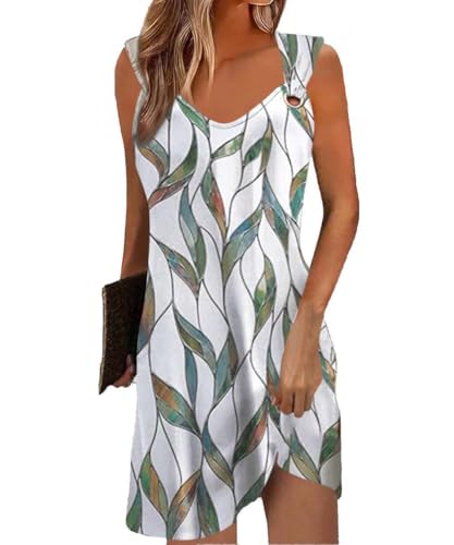 Yeenily Sommerkleid Damen Ärmellos V-Ausschnitt Freizeitkleider Elegant Tank Kleider Lässig Locker Trägerkleid Sommer Minikleid Mode Strandkleider Kurze Tunique Blushkleid (Blatt Druck, S) von Yeenily