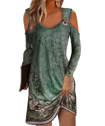 Yeenily Sommerkleid Damen V-Ausschnitt Freizeitkleider Lange Ärmel Elegant Tank Kleider Lässig Locker Trägerkleid Sommer Minikleid Mode Strandkleider Kurze Tunique Blushkleid (Grüner Druck, S) von Yeenily