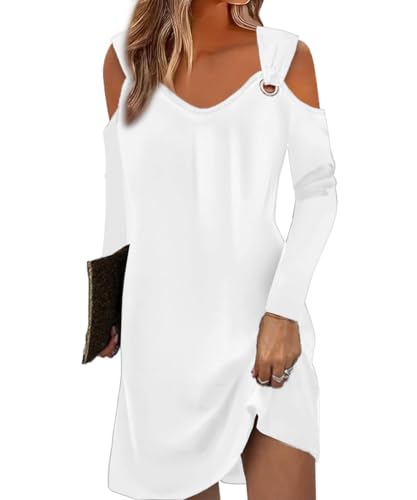 Yeenily Sommerkleid Damen V-Ausschnitt Freizeitkleider Lange Ärmel Elegant Tank Kleider Lässig Locker Trägerkleid Sommer Minikleid Mode Strandkleider Kurze Tunique Blushkleid (Weiß, XXL) von Yeenily
