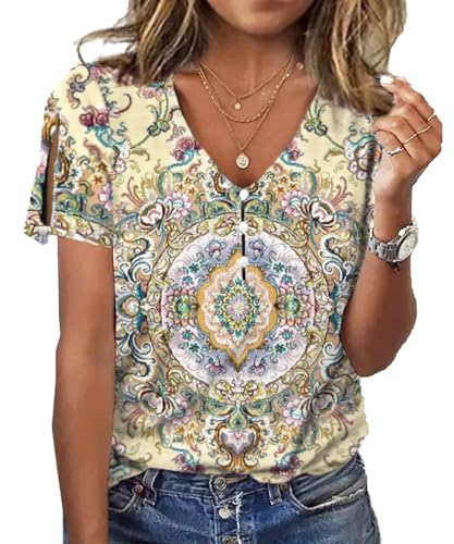 T-Shirt Damen V-Ausschnitt Kurzarm Oberteile Bedruckte Sommer Tunika Lässig Lockere Strand Bluse Elegant Knopfleiste Tops Basic Blusenshirt (Aprikose Gelb, XXL) von Yeenily