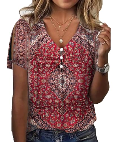 Yeenily T-Shirt Damen V-Ausschnitt Kurzarm Oberteile Bedruckte Sommer Tunika Lässig Lockere Strand Bluse Elegant Knopfleiste Tops Basic Blusenshirt (Rot, S) von Yeenily
