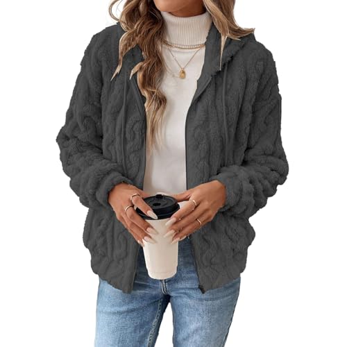 Yeenily Teddyjacke Damen PlüSchjacke Fleece Einfarbig Langarm Zip Damen Mit Kapuze Taschen ReißVerschluss Sweatshirt Hoodie (Dunkelgrau, L) von Yeenily
