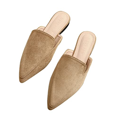 Yeeteepot Damen Flache Pantoletten Geschlossene Spitze Sandalen Rückenfrei Loafers Pointed Toe Mules Sommer Freizeit Urlaub Hausschuhe Braun 39 EU = 40 CN von Yeeteepot