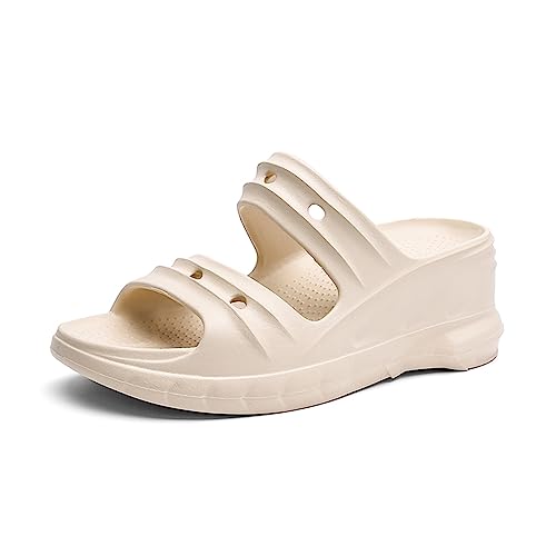 Yeeteepot Damen Plateau Sandalen Sommer Keilabsatz Hausschuhe Plattform Pantoletten Weiche Slip-On Sandaletten Wedges Dicken Schlappen Beige 39/40 EU = 40/41 CN von Yeeteepot