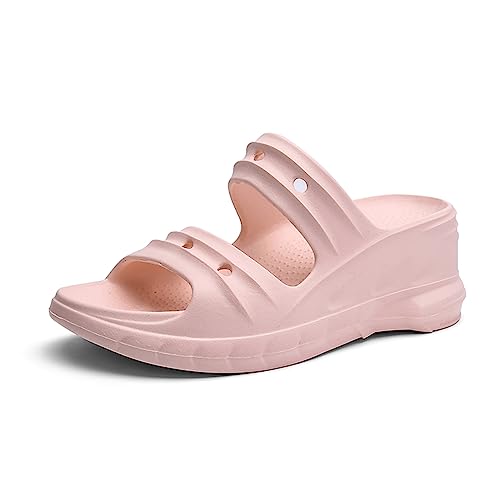 Yeeteepot Damen Plateau Sandalen Sommer Keilabsatz Hausschuhe Plattform Pantoletten Weiche Slip-On Sandaletten Wedges Dicken Schlappen Rosa 37/38 EU = 38/39 CN von Yeeteepot