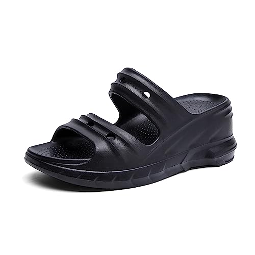 Yeeteepot Damen Plateau Sandalen Sommer Keilabsatz Hausschuhe Plattform Pantoletten Weiche Slip-On Sandaletten Wedges Dicken Schlappen Schwarz 35/36 EU = 36/37 CN von Yeeteepot