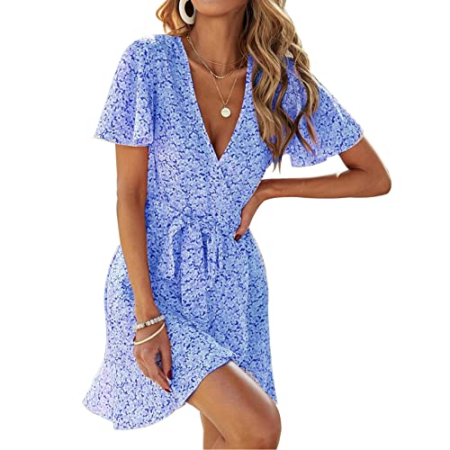 Yeeteepot Damen Sommerkleid Blumen Minikleid Tunika Wickelkleid Rüsche Kurz Knielang Kleider Kurzarm V-Ausschnitt Kleid A-Blau, EU S = Etikett M von Yeeteepot