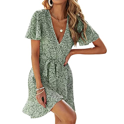 Yeeteepot Damen Sommerkleid Blumen Minikleid Tunika Wickelkleid Rüsche Kurz Knielang Kleider Kurzarm V-Ausschnitt Kleid A-Grün, EU M = Etikett L von Yeeteepot